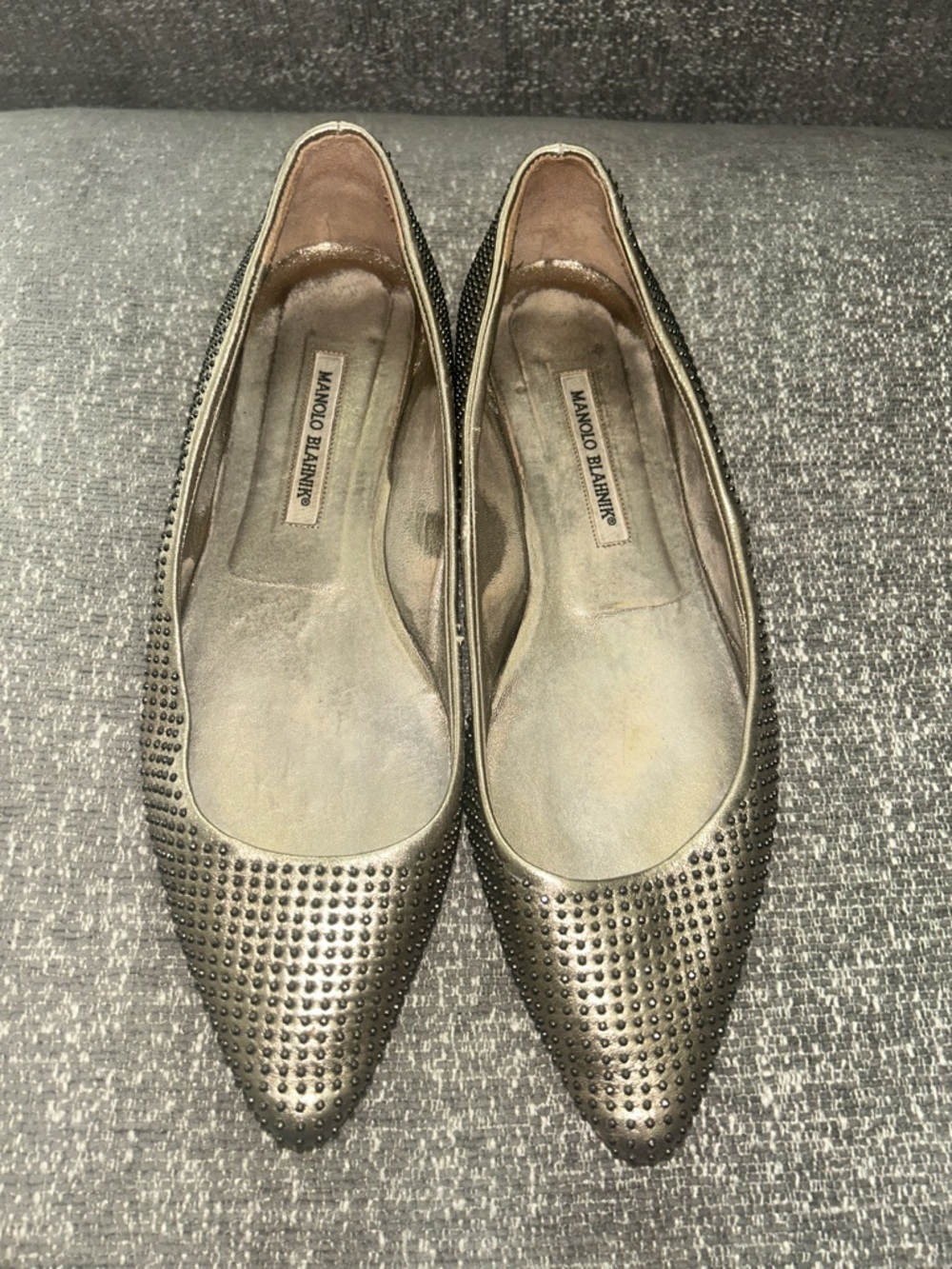 Manolo Blahnik Studded Pointed-Toe Flats - Metallic Silver